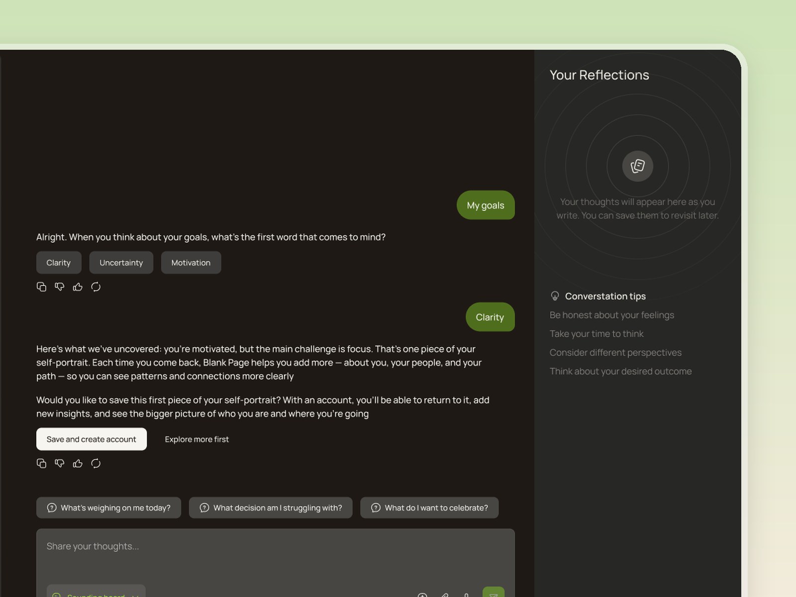 Blank Page Sounding Board in dark mode