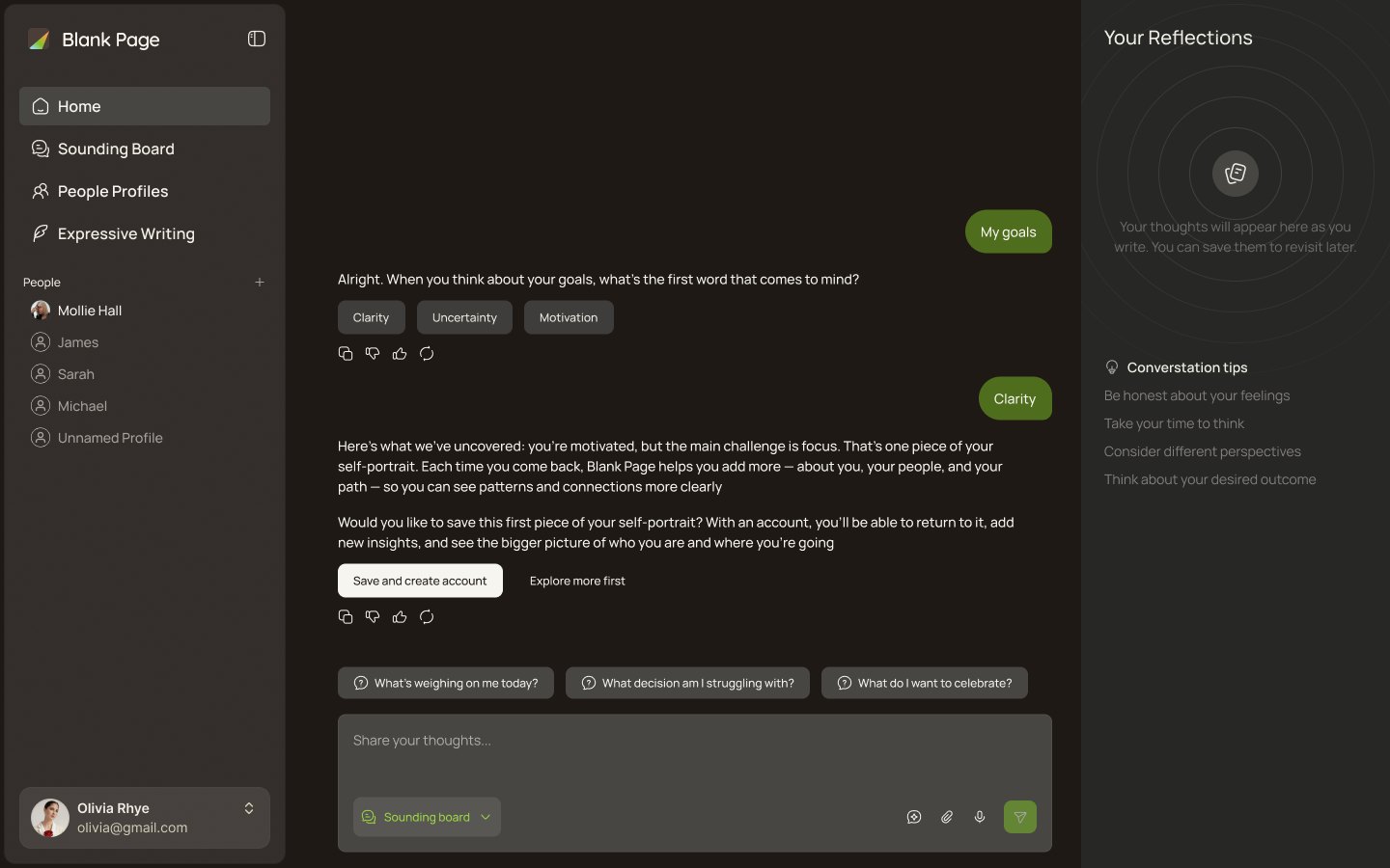 Sounding Board conversation in dark mode