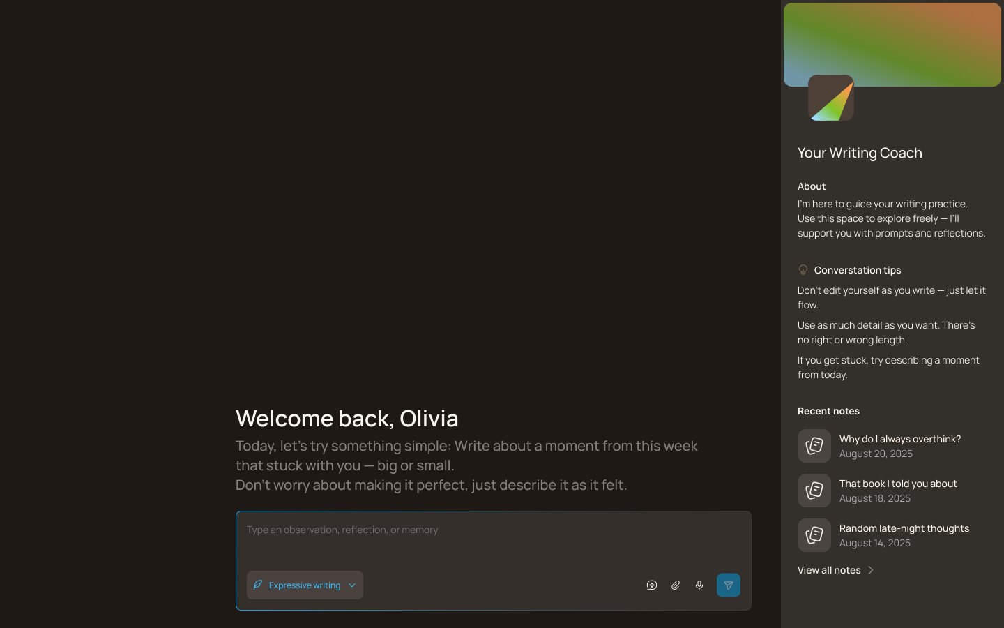 Expressive Writing in dark mode