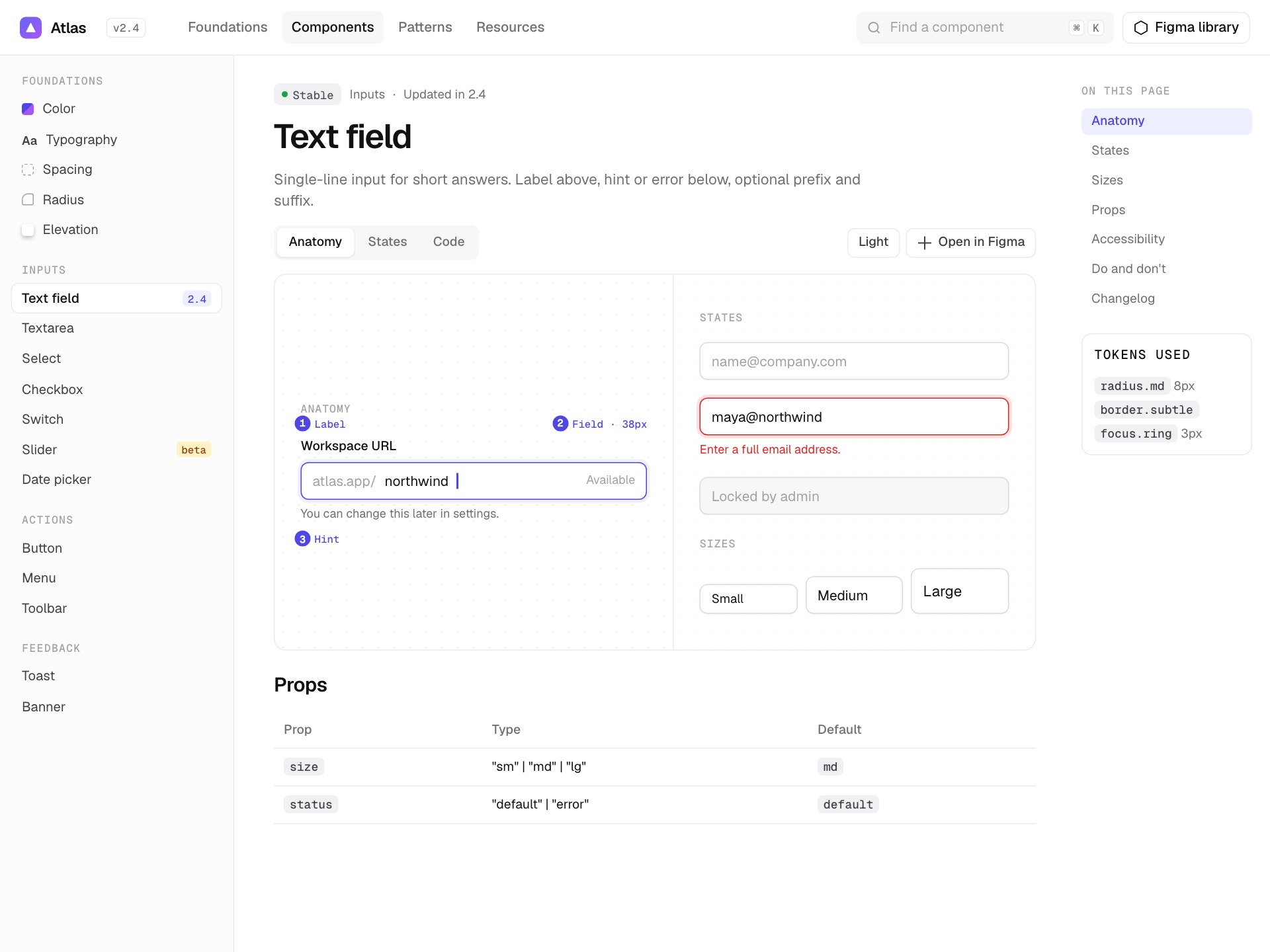 Design system docs: the Button page with variants, sizes and states