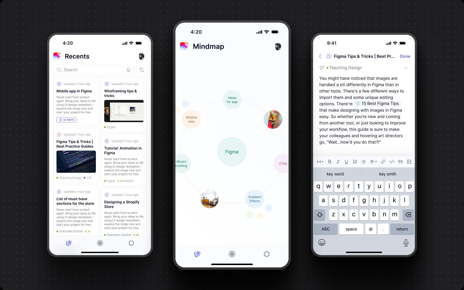 Parmind mobile screens: recents, mind map and a note