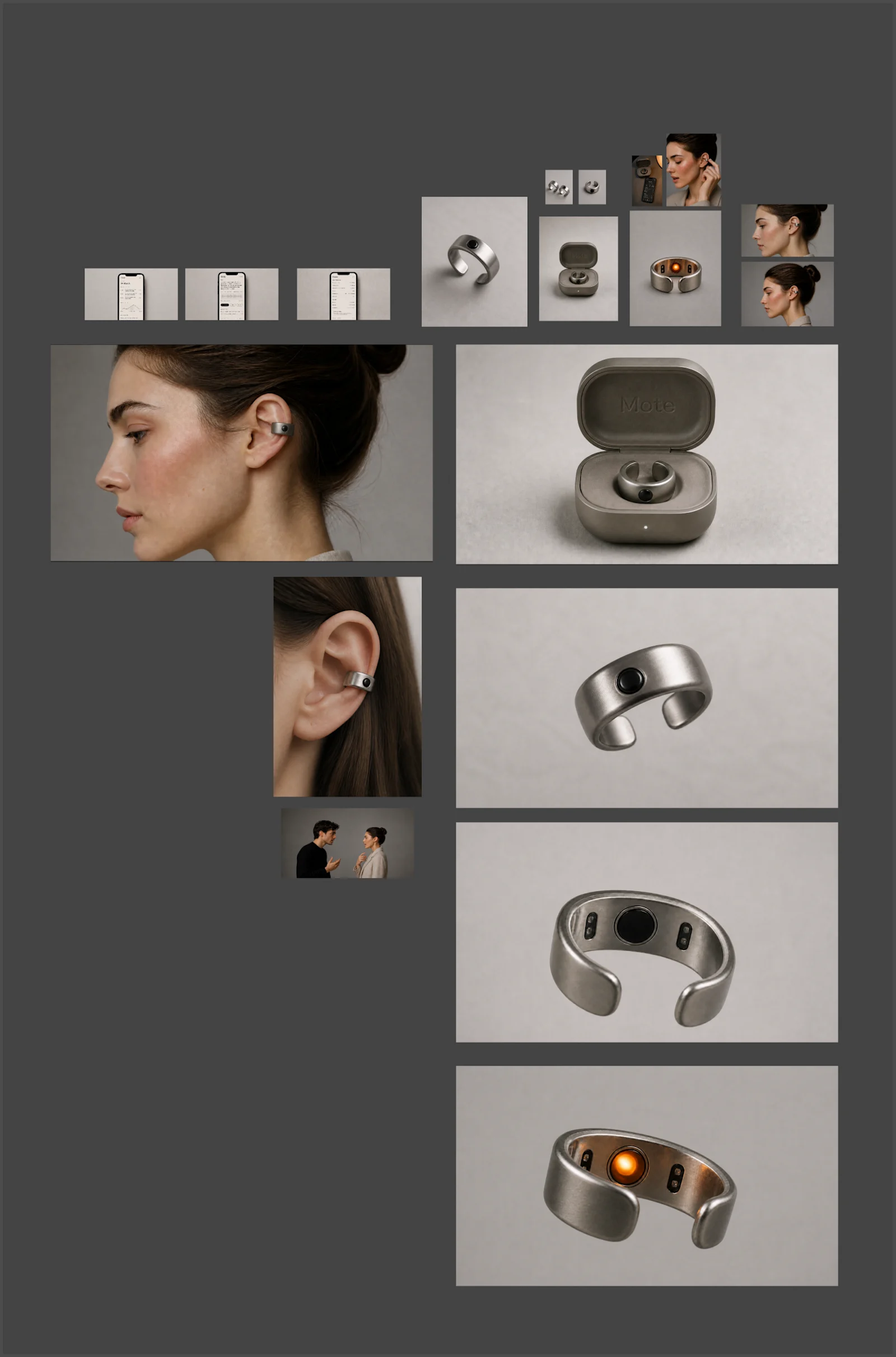 Original Figma image board: wearable renders, charging case, on-body crops, and app screens.