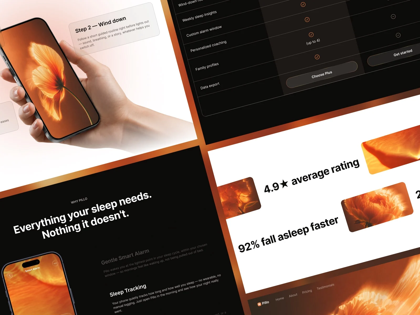 Feature, pricing, and social-proof layouts share the same visual direction. Figures are sample content.