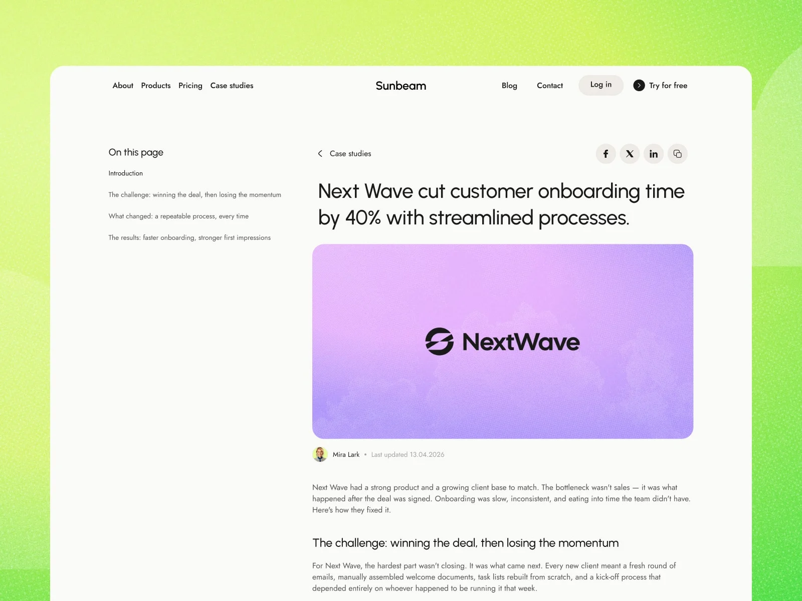 A populated CMS case study demonstrates the long-form layout; its customer and result are fictional.