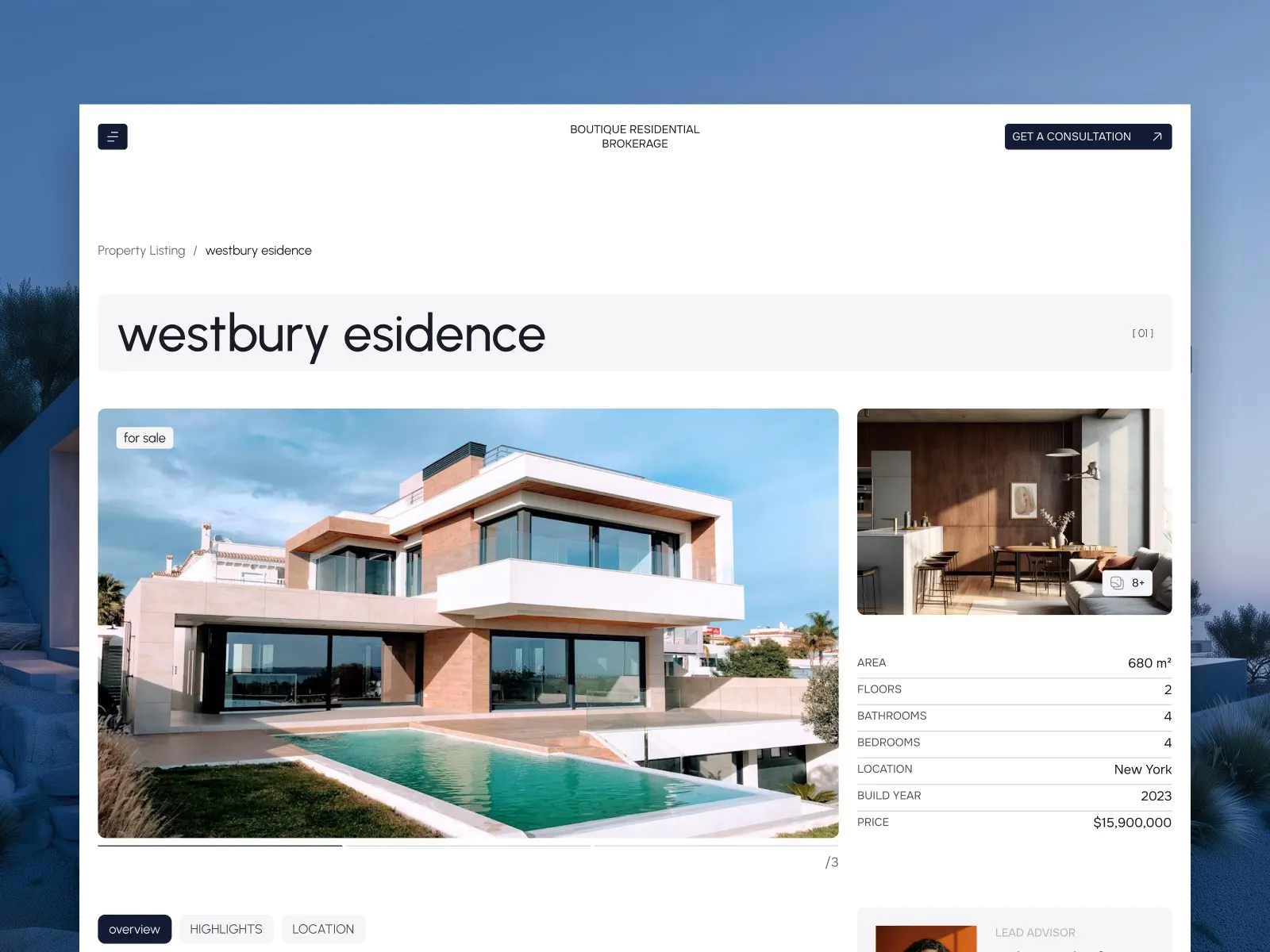 A property detail page combines gallery images and listing information.