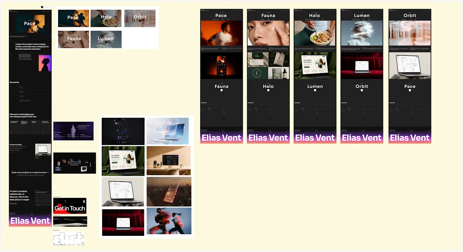 Original Figma portfolio board, showing the homepage alongside the demonstration project layouts.