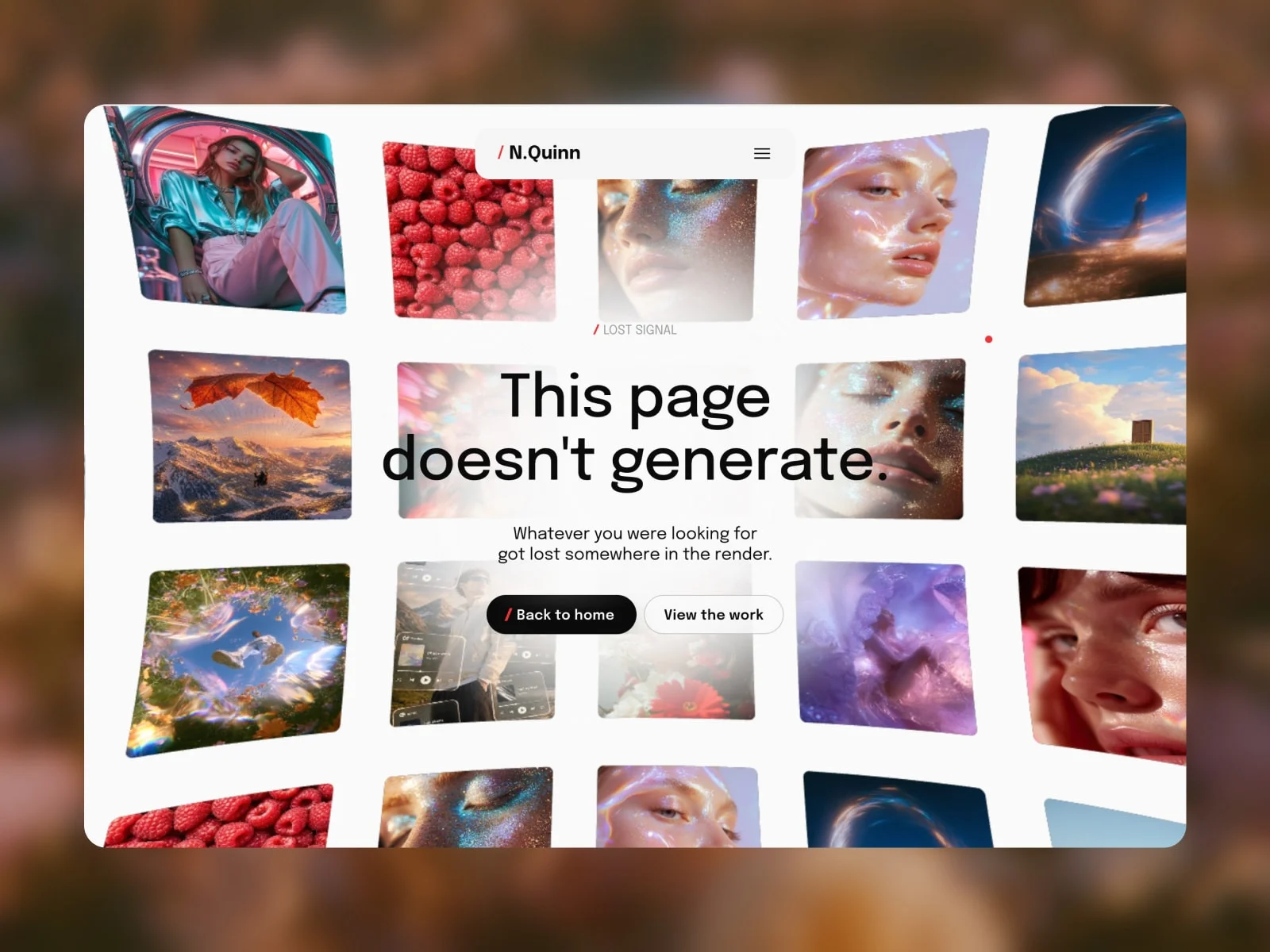 The 404 page wraps its message in a curved, scrolling image grid.